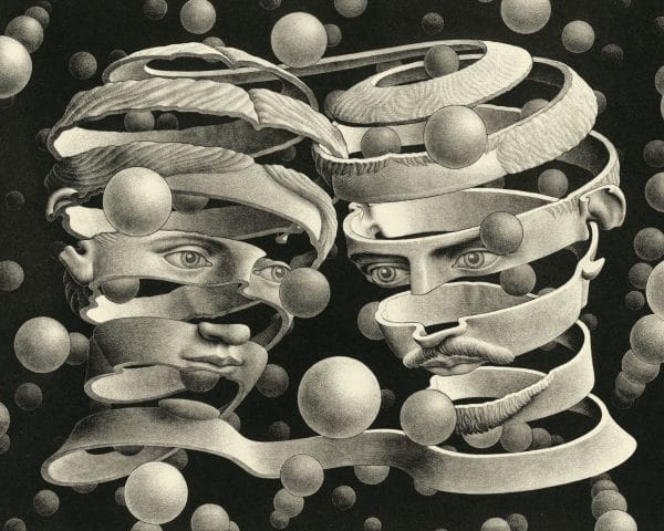 Escher's recursive "Bond of Union" explores visual paradox