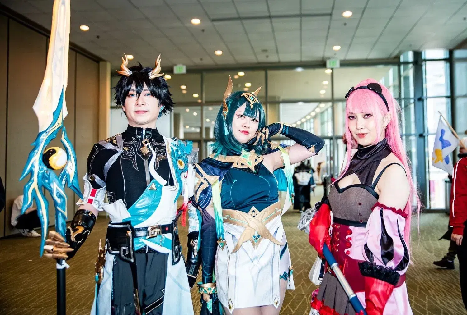 Cosplayer in elaborate armored costume photographed at Sakura-Con 2026, showcasing LED and armor build techniques