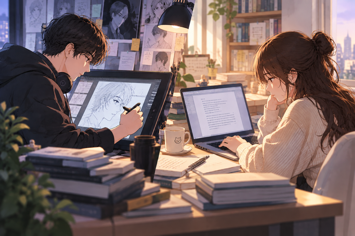 Illustration representing webtoon creators and platform commission structures