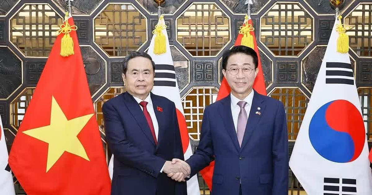 Vietnamese and South Korean officials shaking hands during parliamentary talks