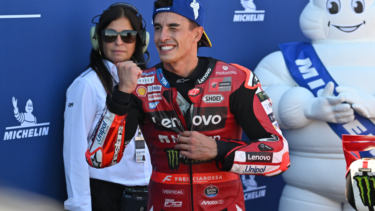 Marc Márquez celebrates victory at the MotoGP Aragon GP