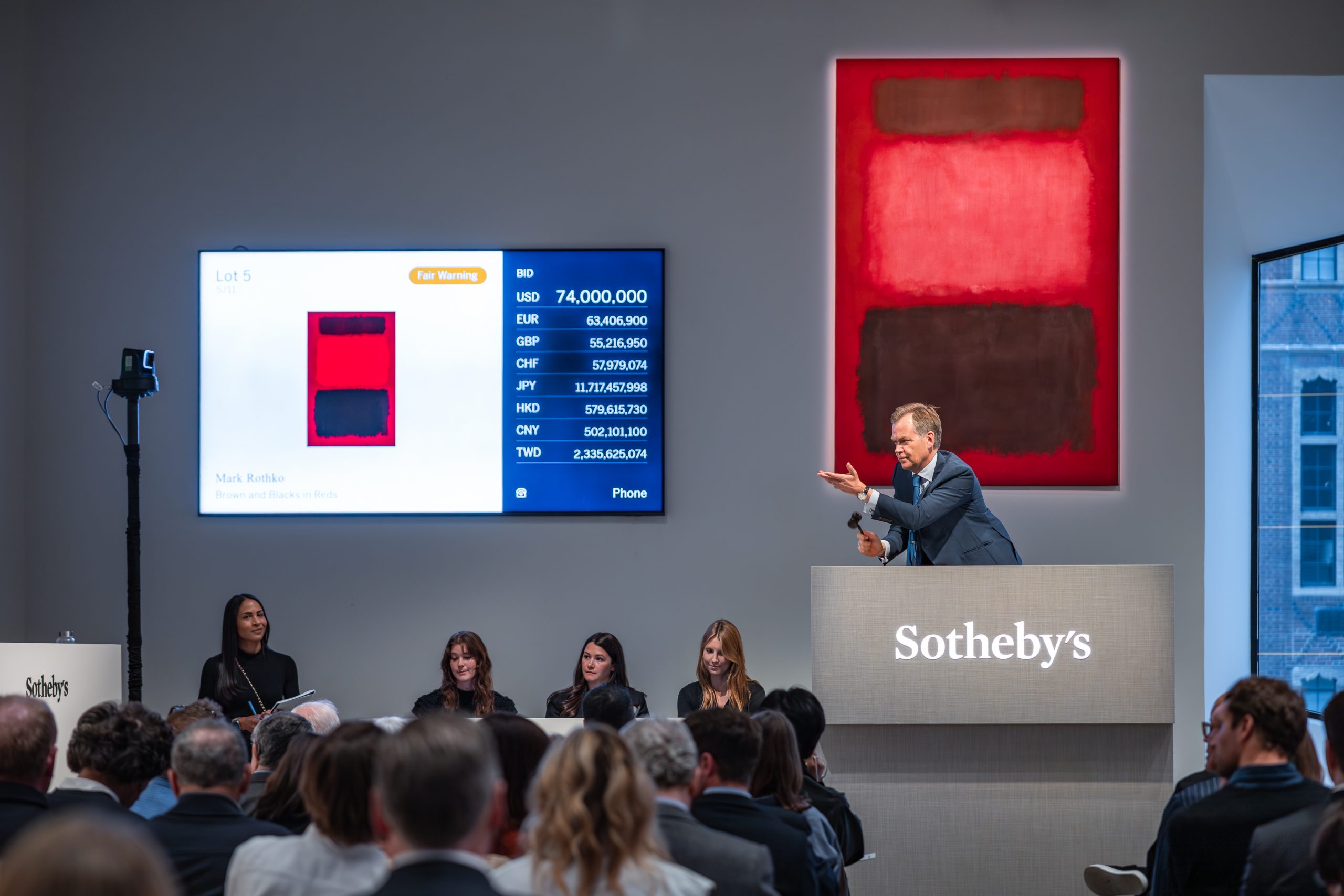 Live bidding at Sotheby's Contemporary Evening Sale, May 14, 2026 — packed saleroom with Rothko on the block