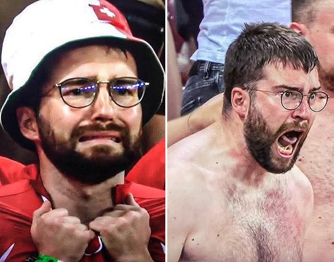 World Cup meme structure showing on-pitch vs fan moments contrast
