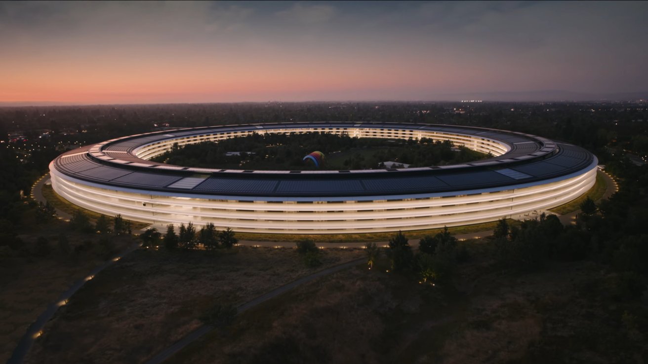 Apple Park at night, headquarters of Apple Inc., under DOJ antitrust scrutiny