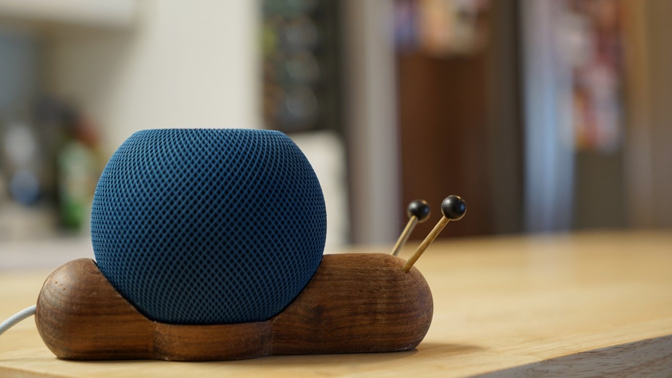 HomePod mini in blue, on a countertop