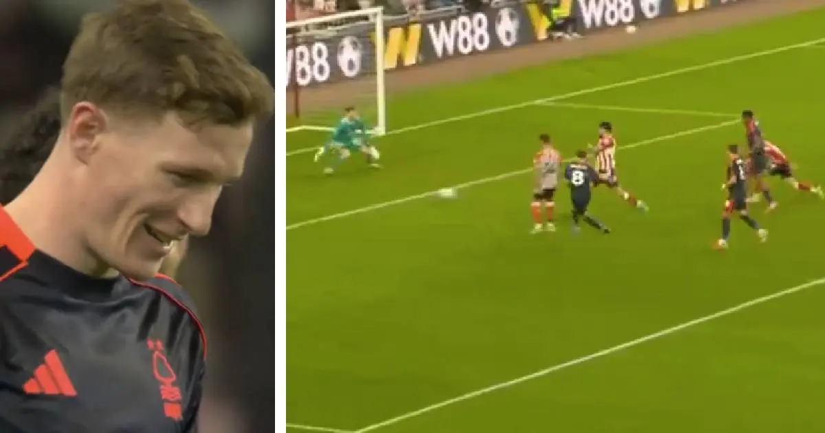 Nottingham Forest players celebrating after their away victory, with Elliott Anderson's iconic moment captured