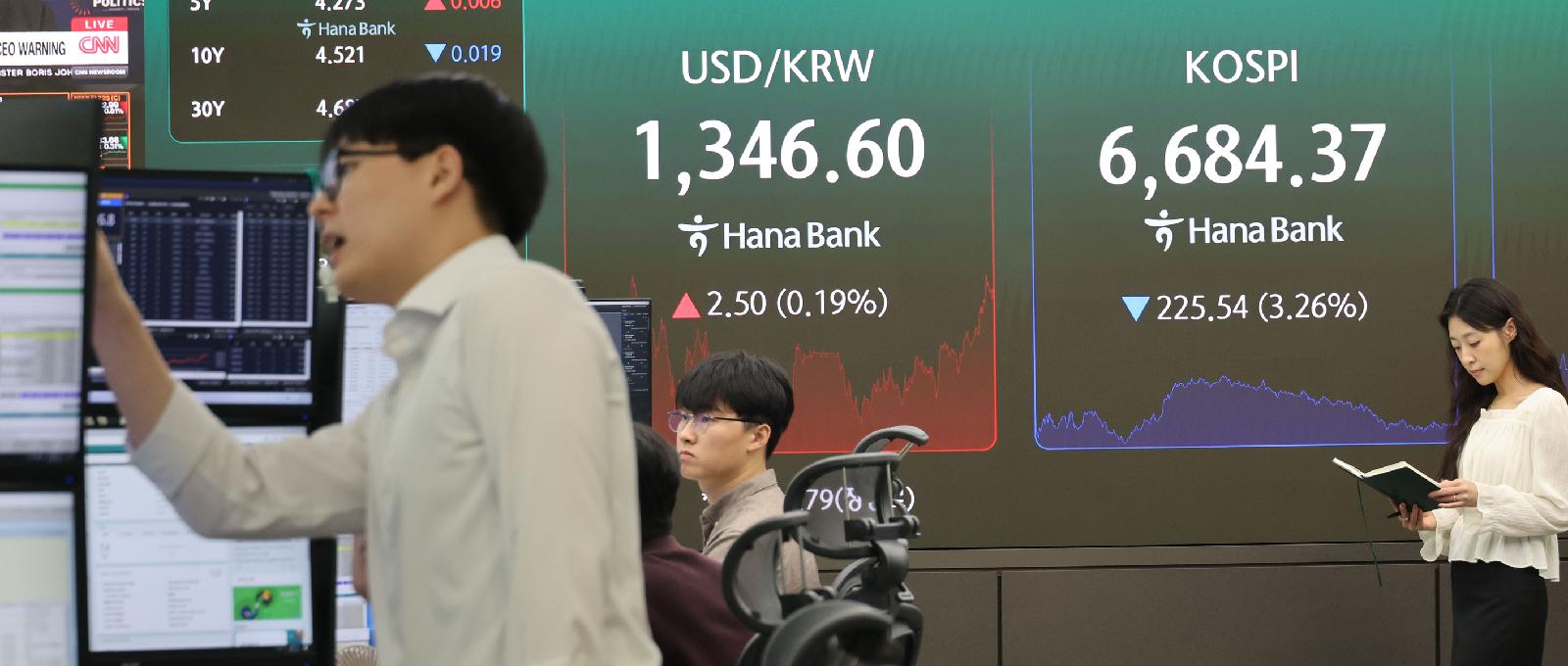 코스피 지수와 원달러 환율이 표시된 서울 하나은행 본점 딜링룸의 모습
