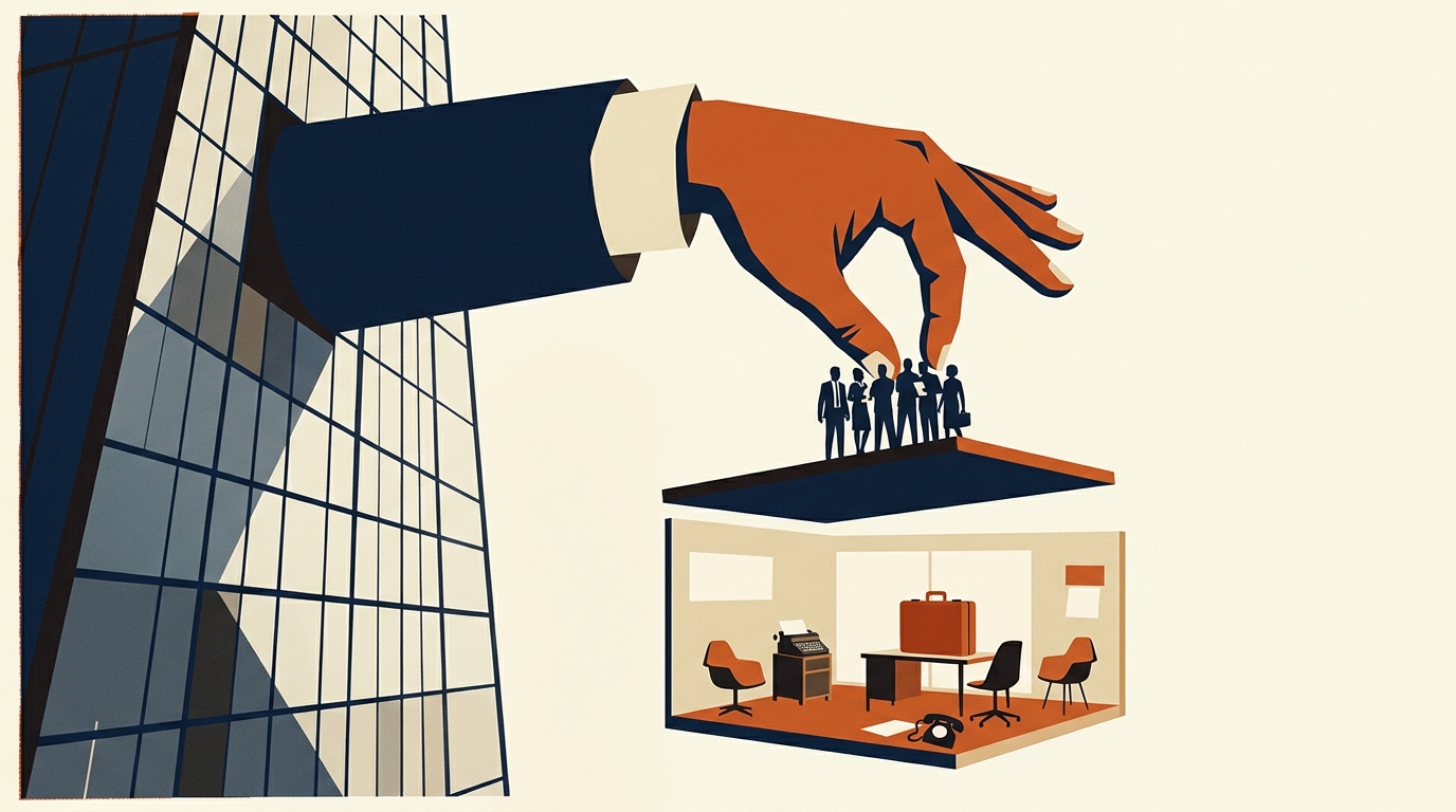 Illustration of an acquihire concept with a giant hand holding a smaller figure