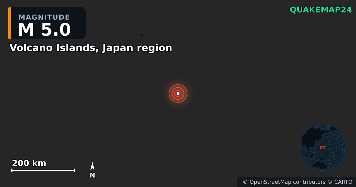 Map showing the location of the magnitude 5.2 earthquake near Japan's Volcano Islands on September 22, 2026