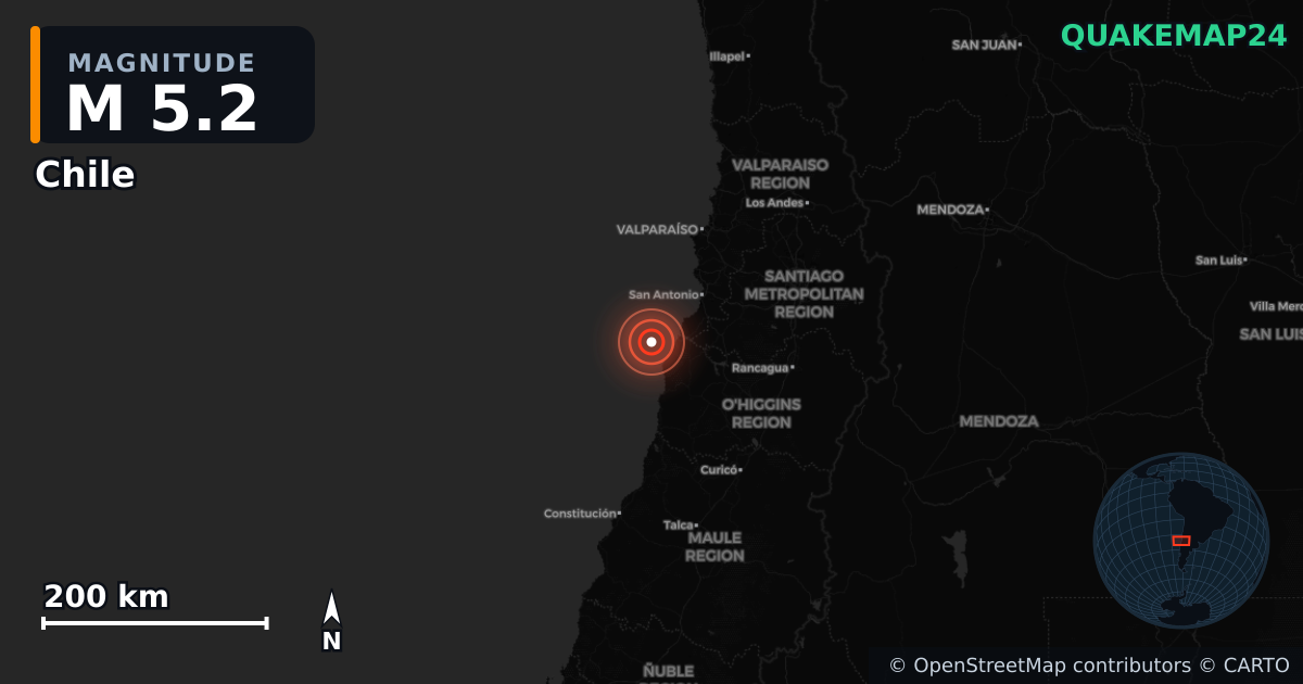 Map visualization of the M5.3 earthquake near Chile on September 25, 2026