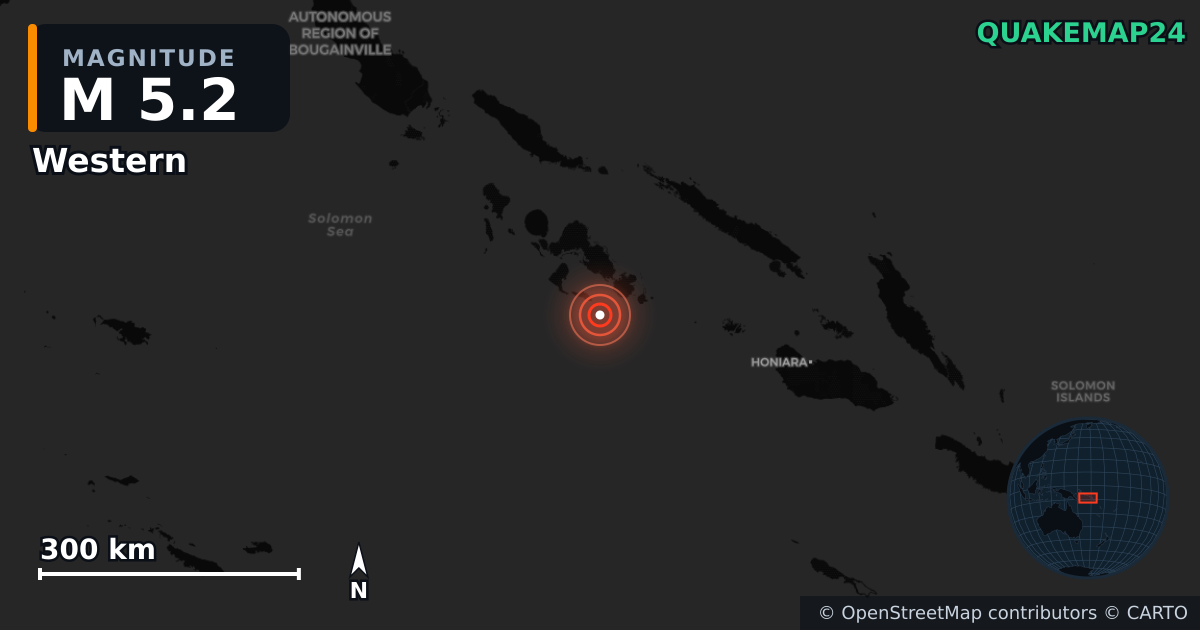 Map showing the location of the M5.2 earthquake near Western Solomon Islands
