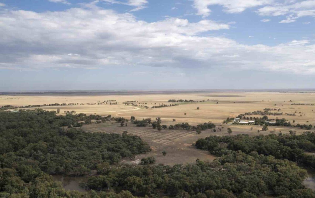 Photograph of a large wind turbine in an Australian landscape