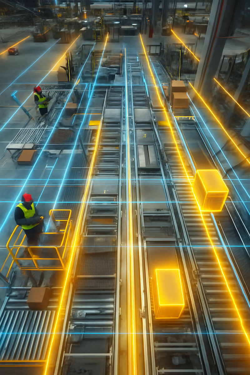 Dematic automated warehouse facility showing robotics in action