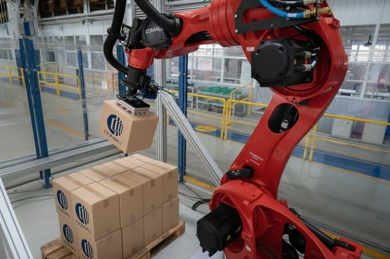Comau depalletizing robot shown in Aptiv and Comau industrial automation partnership announcement