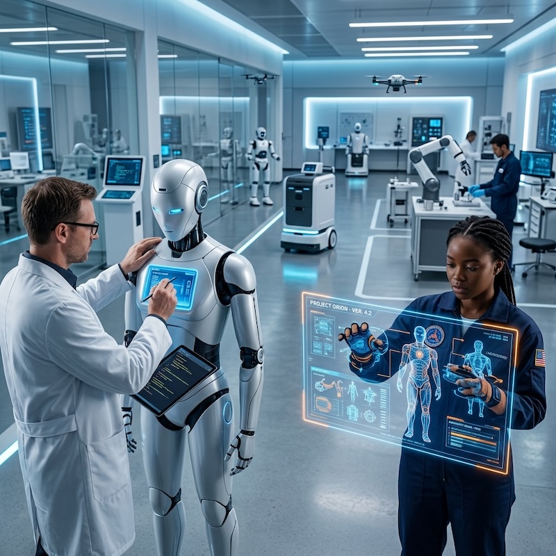 Humanoid robot working alongside humans in a manufacturing facility