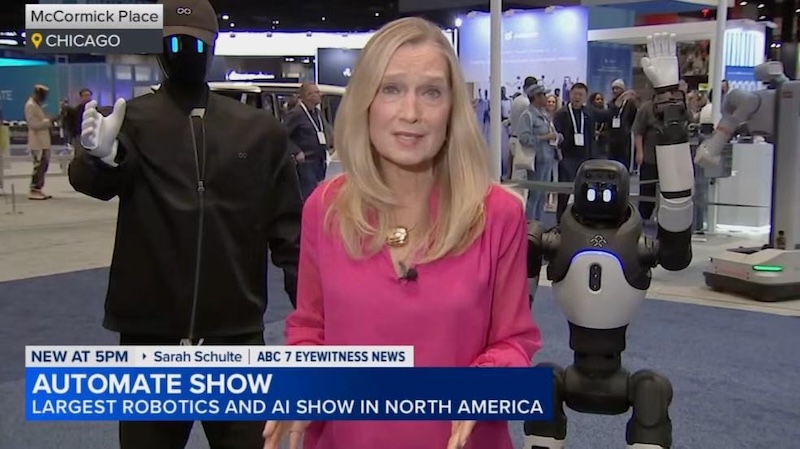 FFAI humanoid robots and industrial manipulators on display at Automate 2026 conference.