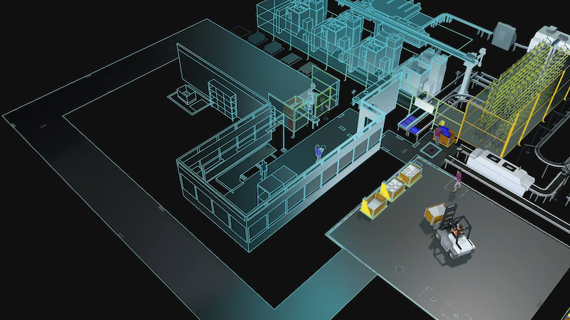 Visual Components FactoryLens interface with KUKA robots in NVIDIA Omniverse-rendered factory environment