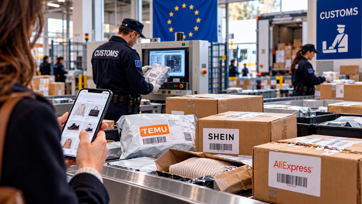 Illustration of a parcel being inspected by customs officials with a Euro symbol