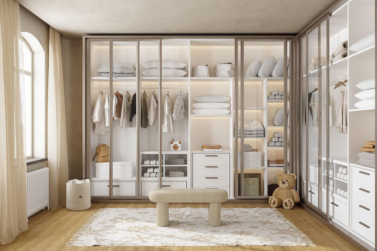 Minimalist home interior with sparse furnishings and white walls