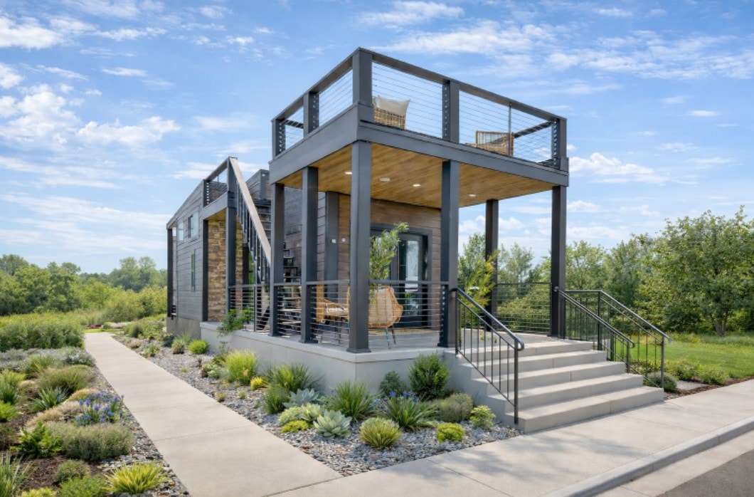 The Bungalow Park Tiny exterior with rooftop terrace and dual porches in a coastal design