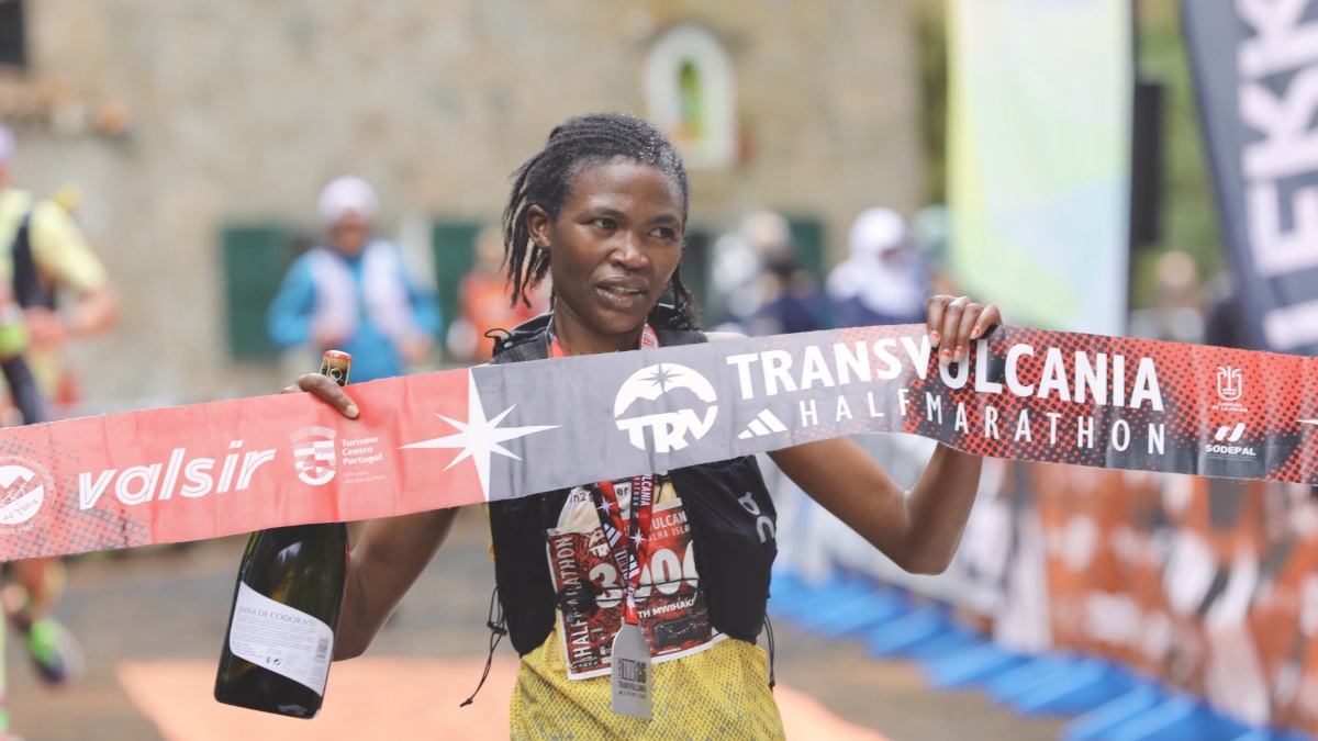 Ruth Gitonga celebrates as the 2026 Transvulcania Half Marathon champion