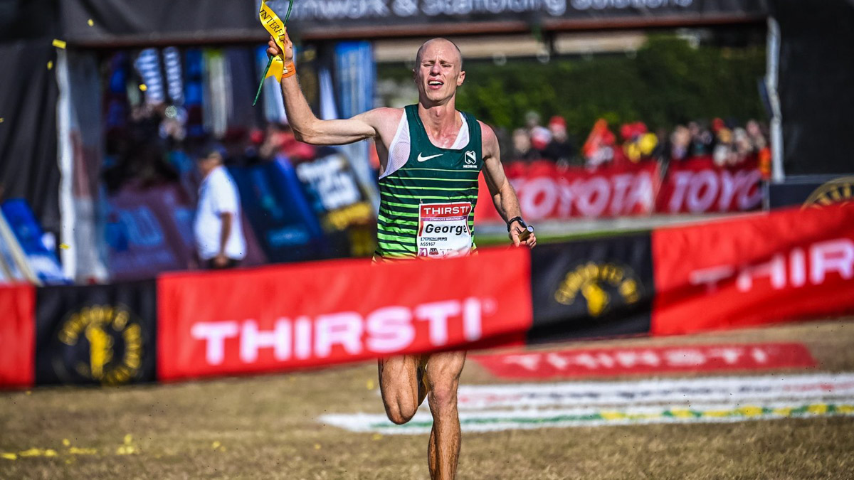 George Kusche celebrates his men's course record at the 2026 Comrades Marathon