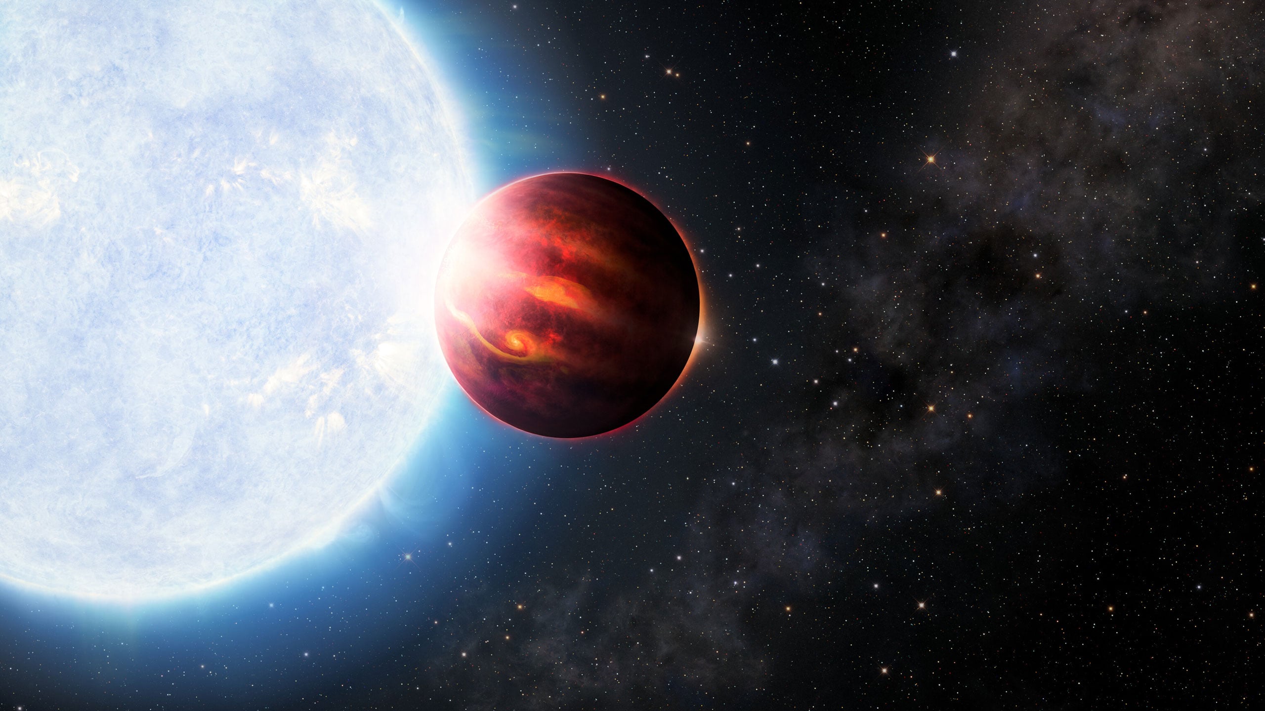 Artist's illustration of an ultra-hot Jupiter exoplanet orbiting close to its host star
