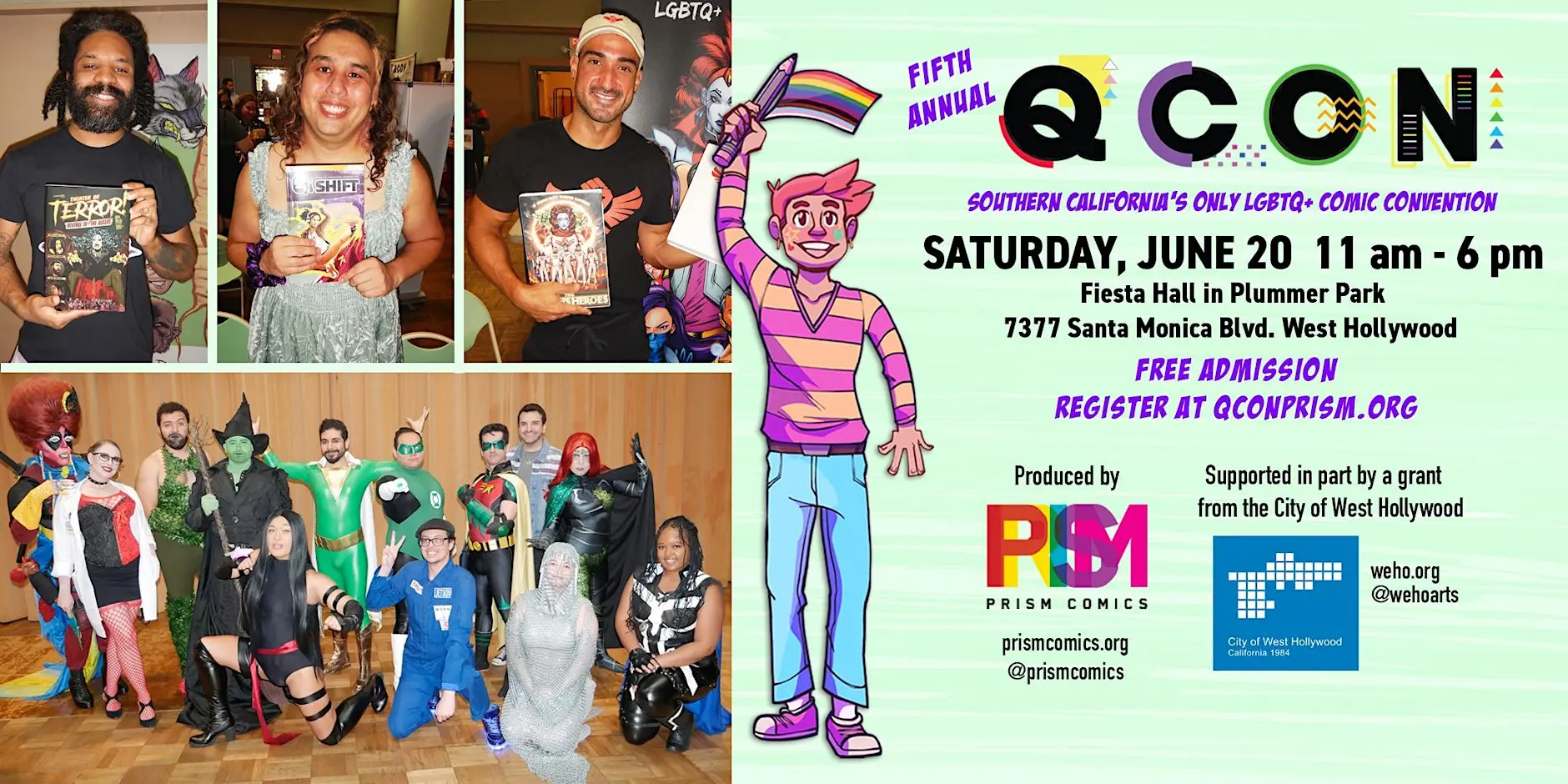 Colorful illustration promoting Q Con 2026, Southern California's LGBTQ+ comic convention