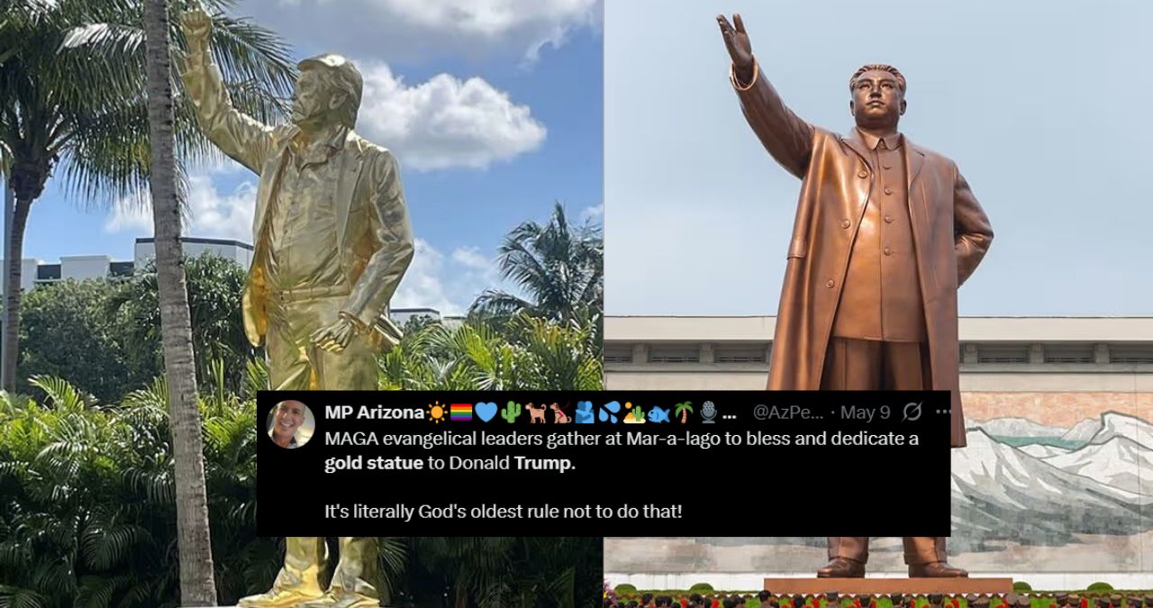 Gold Trump statue image that sparked a wave of meme reactions and satire online