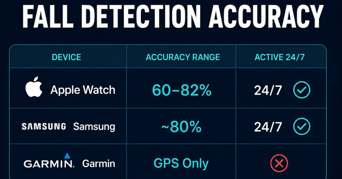 Screenshot showing fall detection accuracy comparison across major smartwatch brands