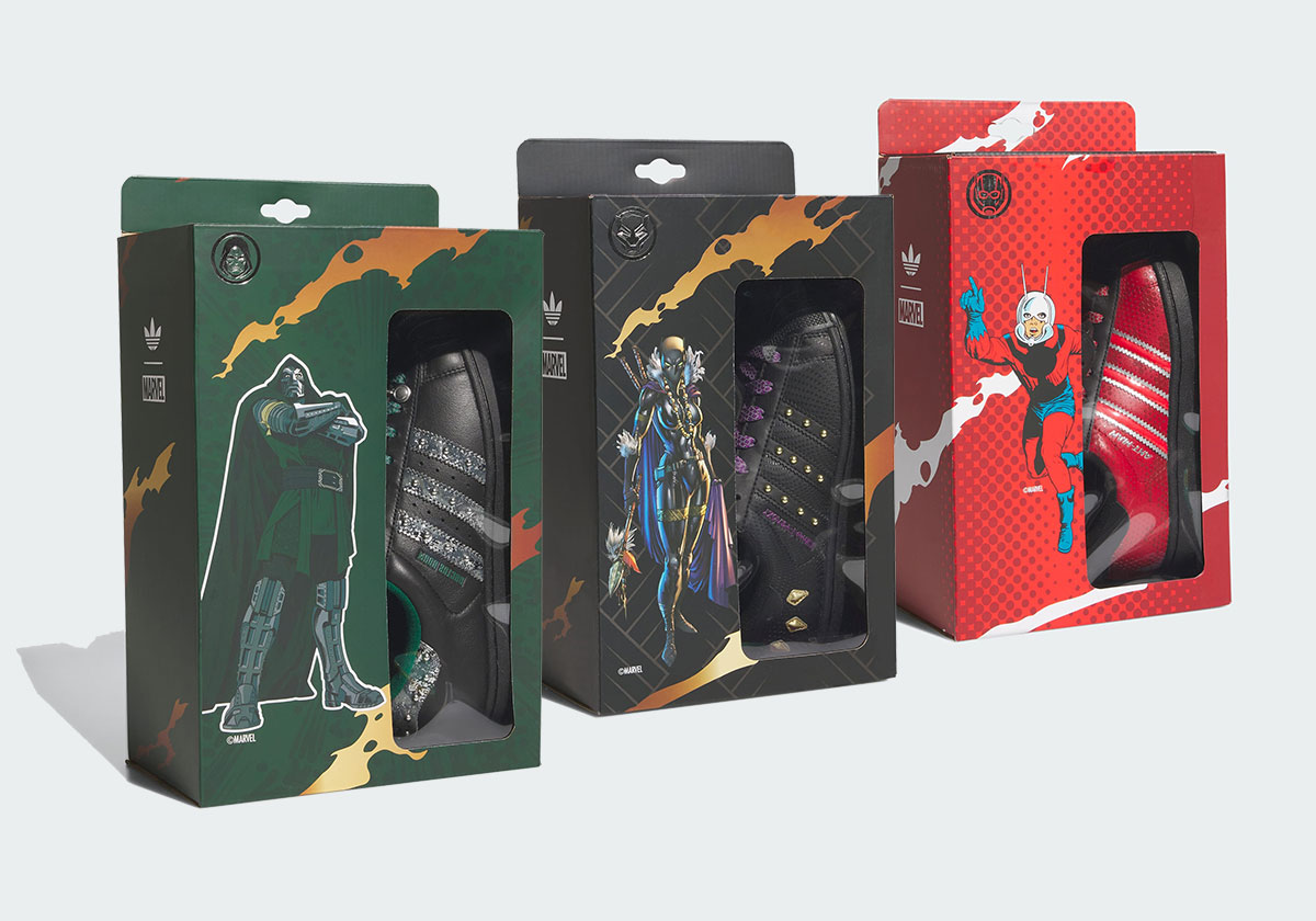 Marvel and Adidas Avengers Doomsday Superstar pack collaboration