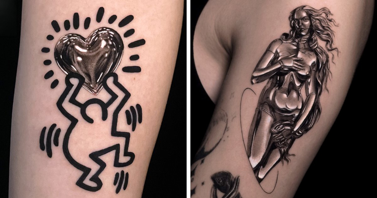 Hyper-realistic chrome tattoo design showing metallic reflections on skin