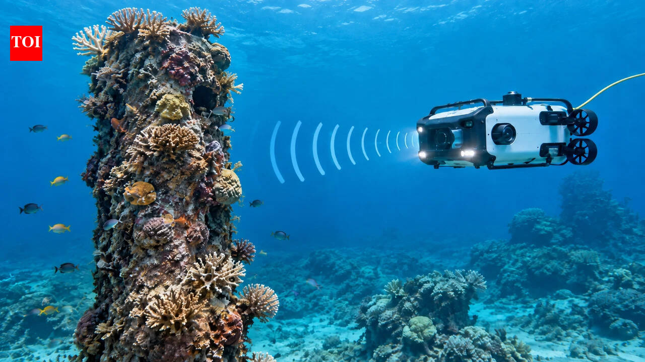Autonomous reef robot surveying a coral pillar