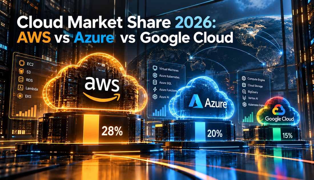 Market share distribution showing AWS, Azure, and GCP competitive positioning