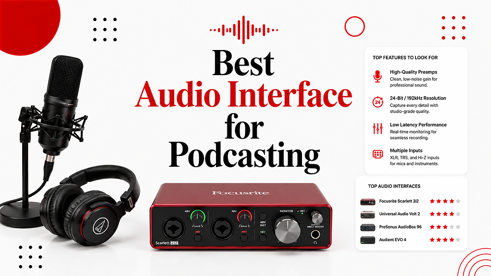Audio interface guide visual showing podcast recording setup