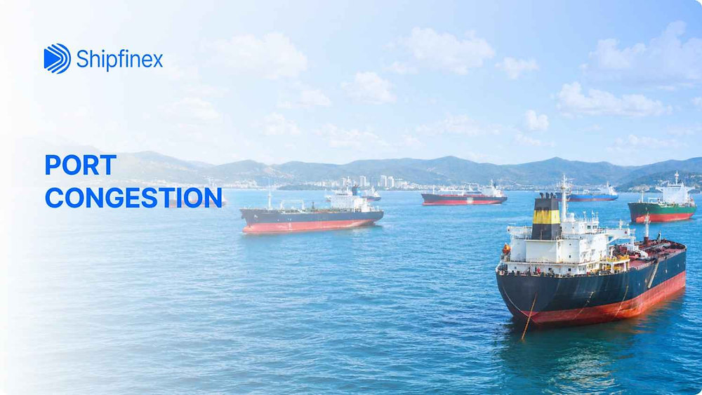 Port congestion with multiple container ships queuing at dock
