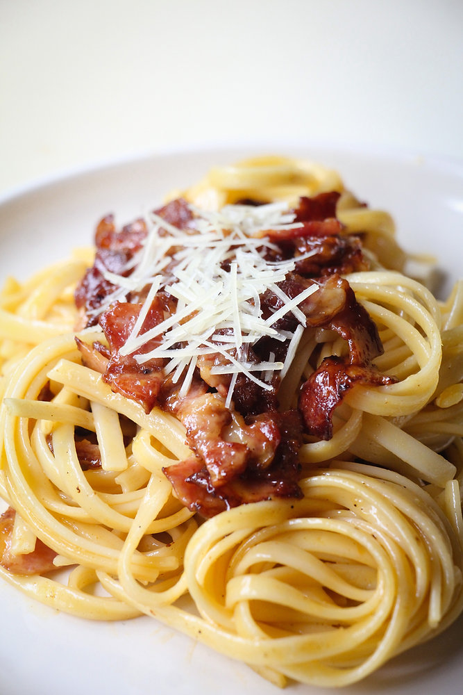 Roman spaghetti alla carbonara with guanciale and pecorino cheese