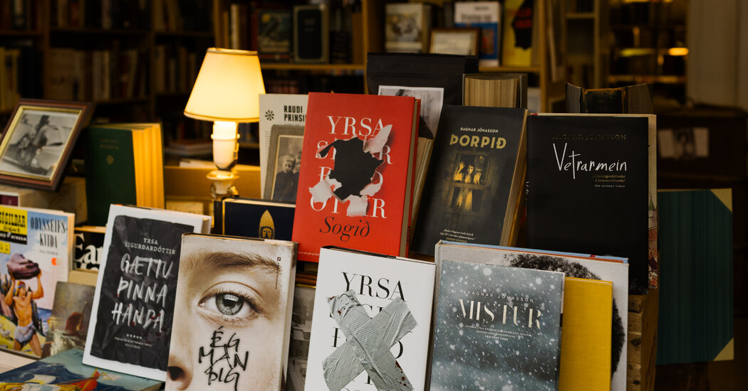 Image illustrating the contrast between Icelandic landscapes and crime fiction themes
