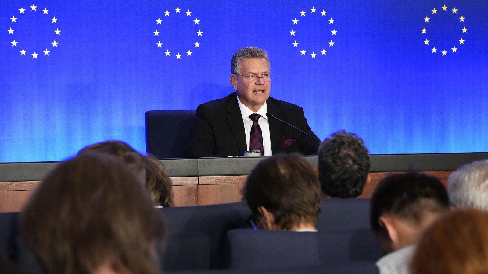 EU Trade Commissioner Maros Sefcovic speaking at a press conference regarding China-EU trade talks