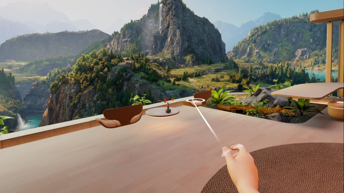 Meta Quest 3 running Horizon OS 2.4 PTC update, showing the new hand-tracking home locomotion and custom app library sorting features