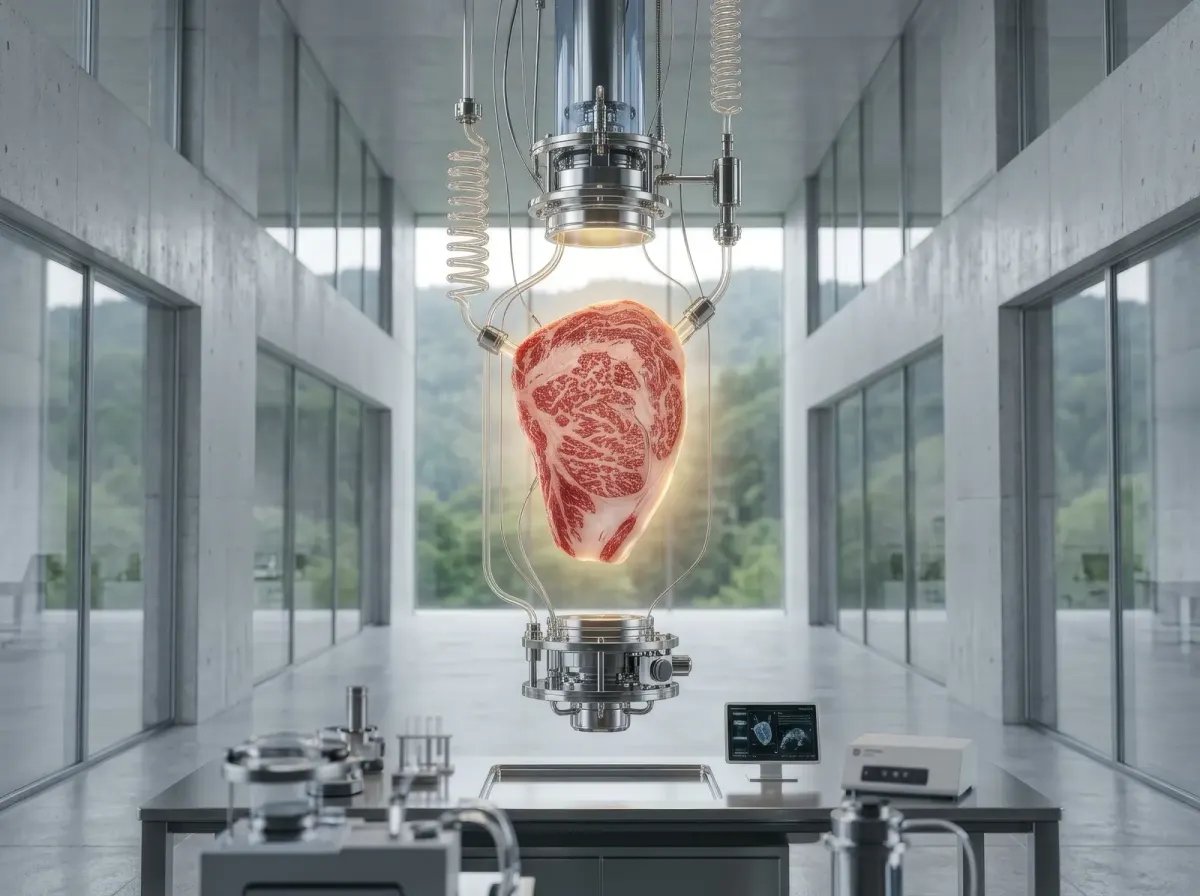 Conceptual image of cultured wagyu being grown in a bioreactor