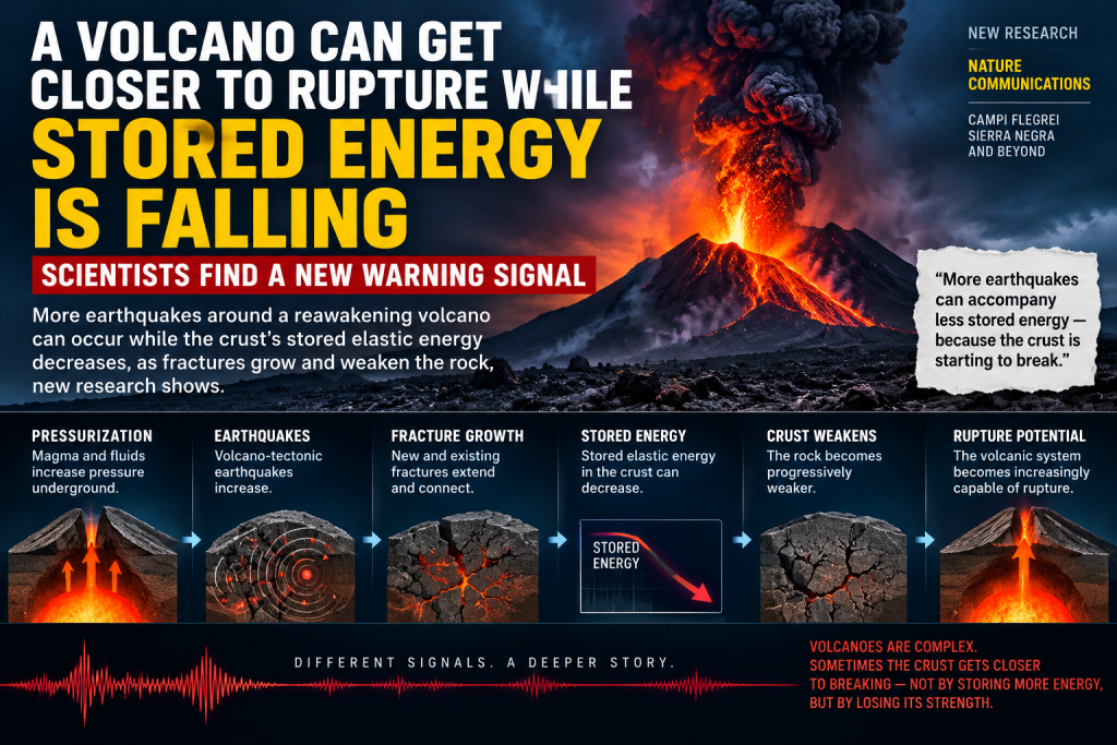 Diagram illustrating volcano crustal weakening and stored energy