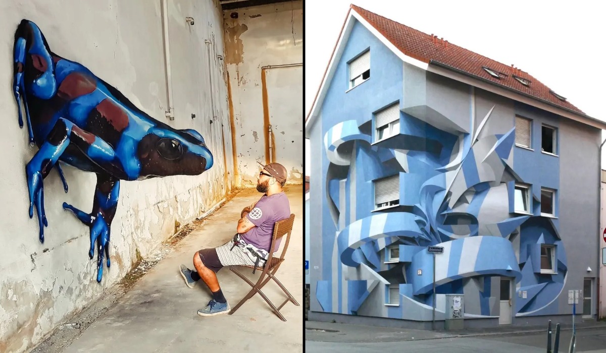 Trompe-l'oeil 3D street art illusion on a real-world wall