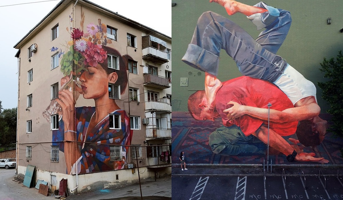 Artez mural showing a figure in an acrobatic composition