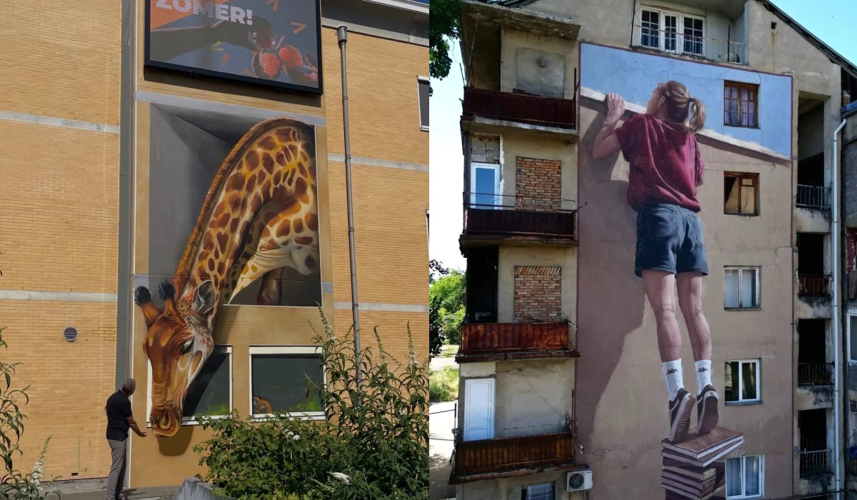 Two figures meeting face-to-face inside a colorful mural burst