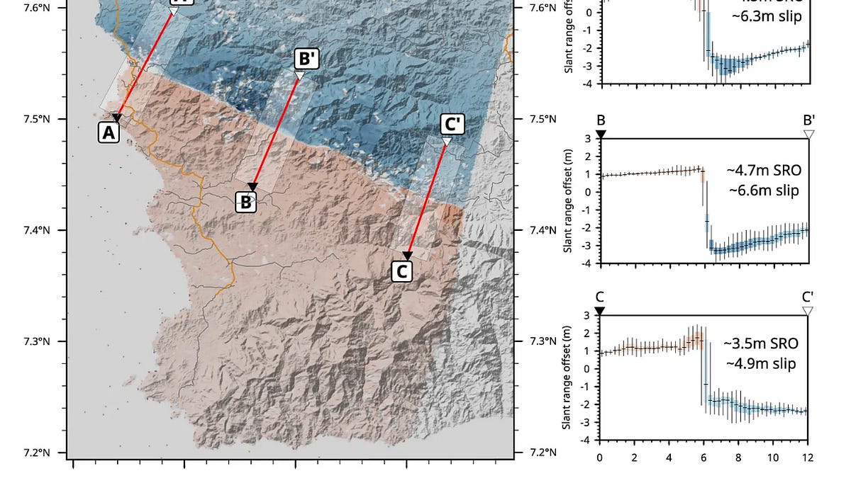 Satellite imagery showing surface rupture