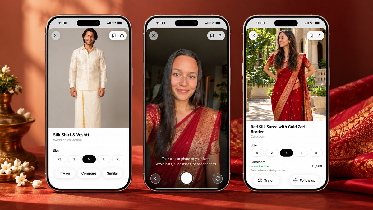 ChatGPT Virtual Try-On interface showing saree elegance