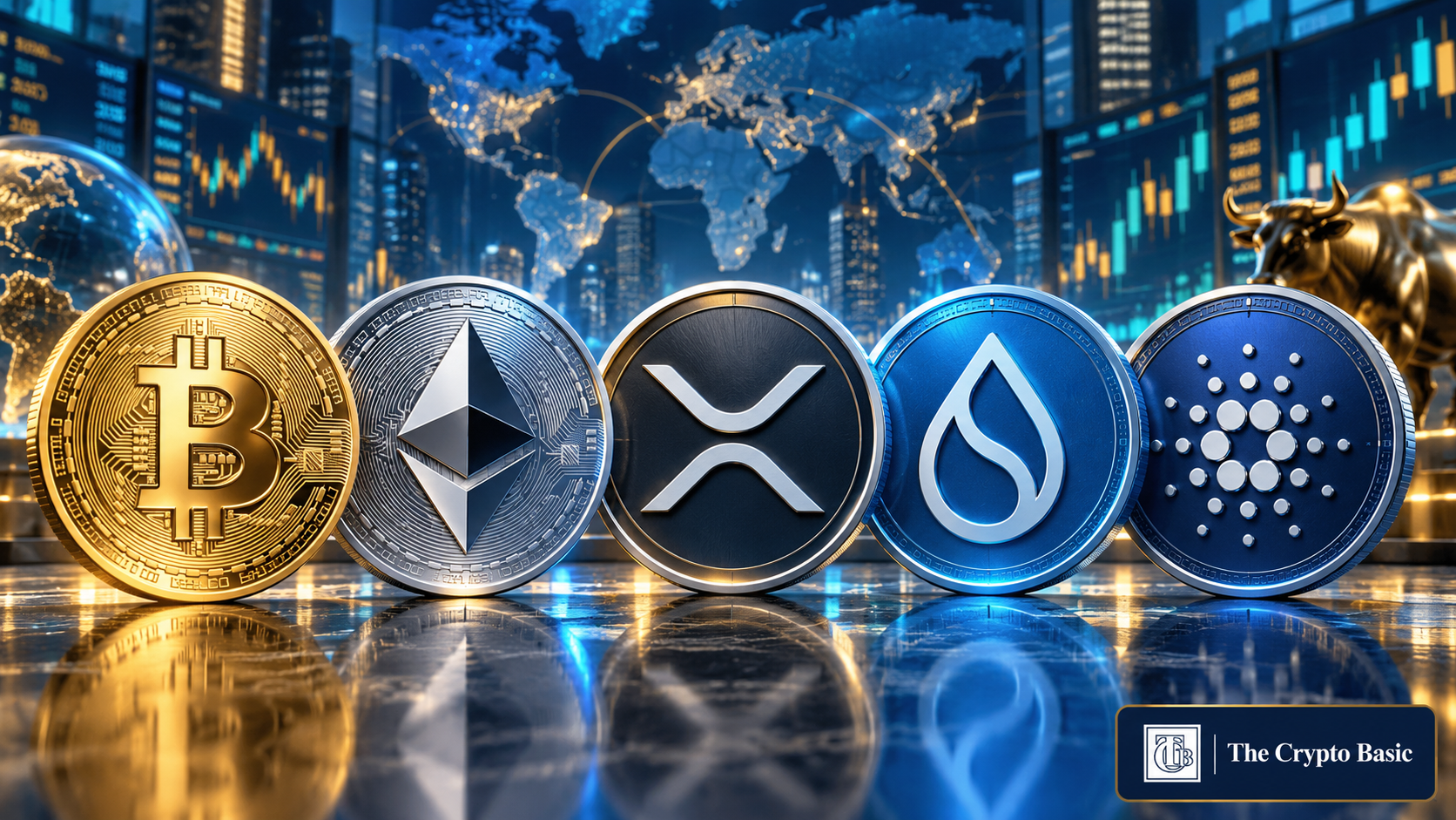 Grafik analisa teknikal BTC, ETH, XRP, SUI, dan Cardano