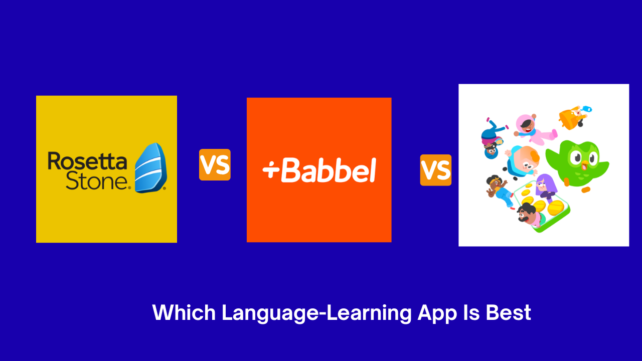 Comparison graphic showing Rosetta Stone, Babbel, and Duolingo logos