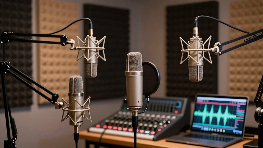A podcaster's desk setup illustrating the world of microphone options
